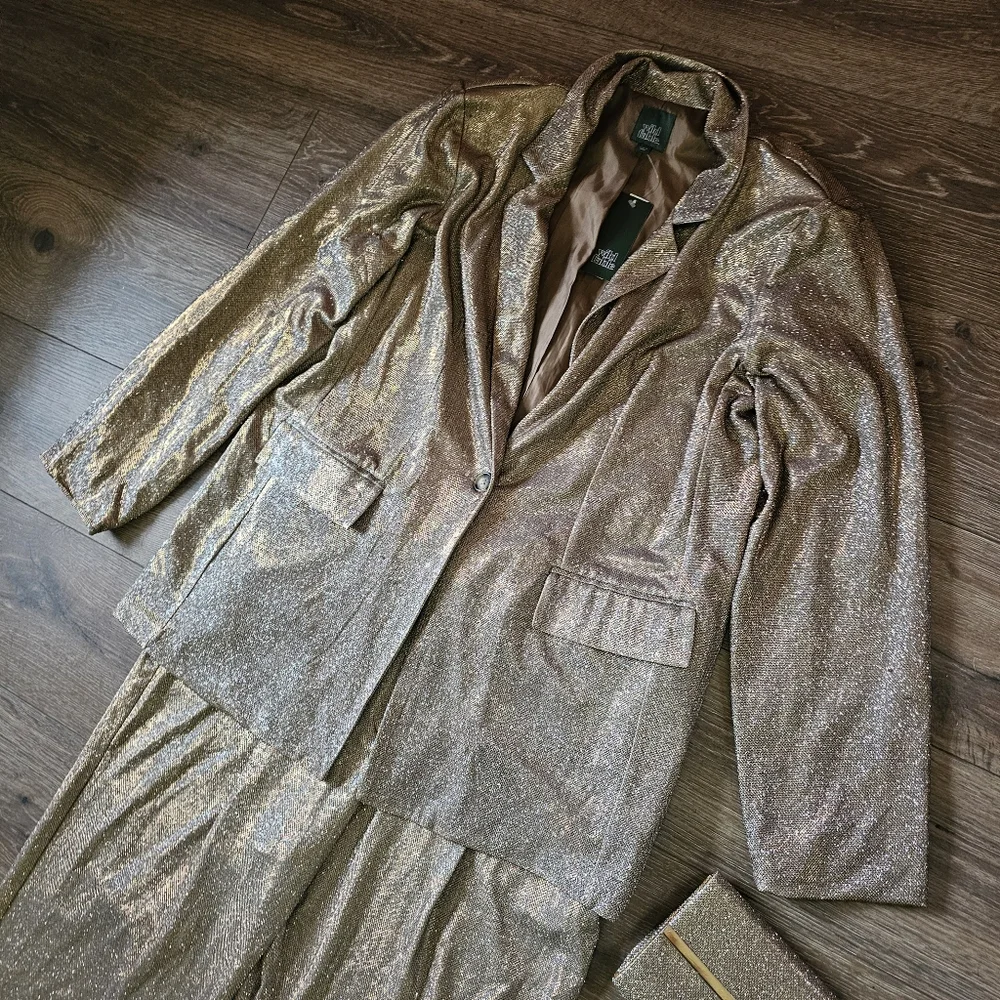NWT Wild Fable Sparkly Gold New Years Eve Holiday Party Blazer Pants & Purse Set - Picture 2 of 15